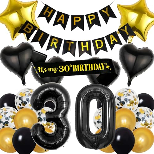 30th Birthday Party Decorations Kit for Men Women - Black Gold Happy Birthday Party Banner, Sash & 30 Balloon Number with Star Heart Decor