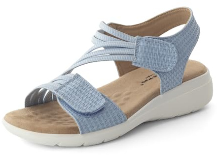 Cushion Walk Extra Wide EEE Fit Sandals for Women, Adjustable Double Touch Fastening Straps Low Wedge with Extra Thick Cushioned Insole, Ladies Comfort Strappy Summer Shoes - Size 5 UK, Blue