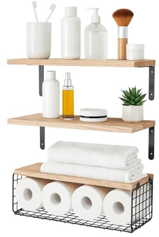 Harbour Housewares Wooden Shelves with Wire Storage Basket - Set of 3 | Paulownia Wood, 5kg Basket Capacity, Wall-Mounted Design, Guard Rail Configuration, Rustic Finish, Space-Saving Storage