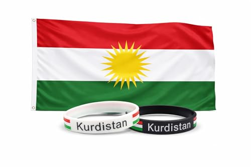 Kurdistan Flagge 90×150 cm – Rot Weiß Grün mit Sonne | Set mit 2 Silikon-Armbändern