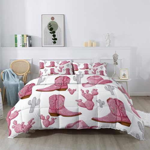 Western Cowboy Boots Cactus Coverless Duvet Queen 7.5 Tog, Soft Traditional Down Comforter for All Season, Pink Bedspread Quilted Set Bed 200x200cm, Reversible Duvets with 2 Pillowcases