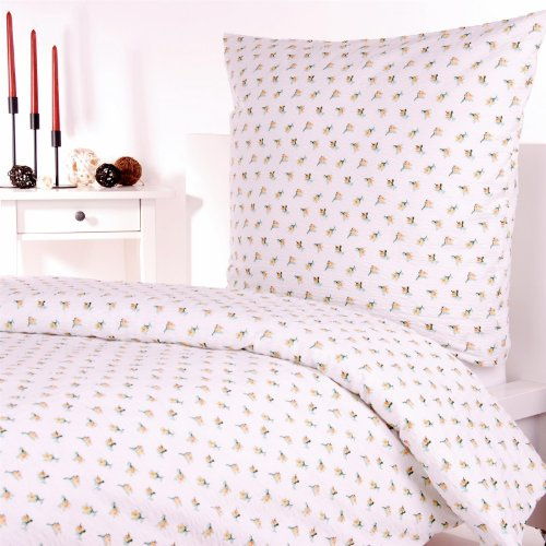Hans-Textil-Shop Seersucker Bettwäsche 135x200 cm Gelb Rosen Blumen – bügelfreie Bettwäsche Landhausstil Blumen aus 100% Baumwolle mit Blumenmuster & Reißverschluss