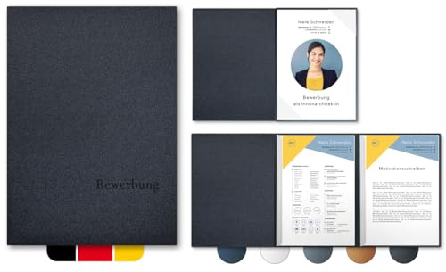5 Stück 3-teilige Bewerbungsmappen Esclusiva® Exzellent in Anthrazit mit 2 Klemmschienen // in 1A-Premium-Qualität mit hochwertiger Flach-Prägung „BEWERBUNG“ // Produkt-Design von Mario Lemani