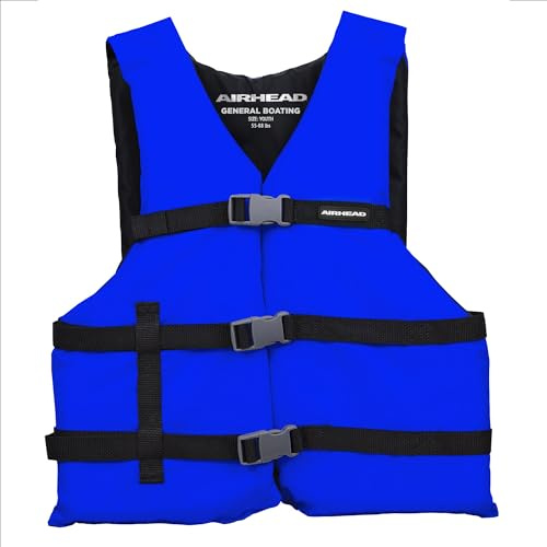 Airhead General Purpose Life Jacket for Adults & Kids - US Coast Guard Approved Life Vest for Men, Women, Youth, Child & Infant, Boating Safety PFD for Fishing & Swimming, Youth 50 - 90 Lbs, Blue