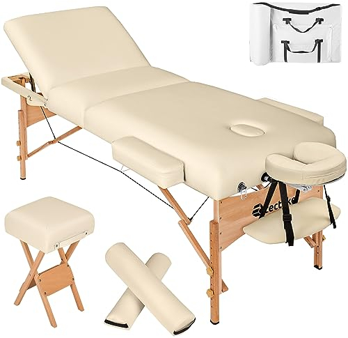 tectake® Massageliege klappbar, höhenverstellbar, Möbel und Zubehör für Massage, Tattoo oder Kosmetik, extra dick gepolstert, Zubehör 2 Lagerungsrollen, Hocker, Tasche, Aluminium Kopfstütze - beige