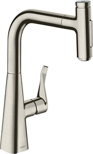 hansgrohe Wasserhahn Metris Select M71 (Wasserhahn Küche mit Schlauchbox, 150° schwenkbar, ausziehbare Brause mit 2 Strahlarten, Auslaufhöhe 238mm, Standardanschlüsse) Edelstahl Finish
