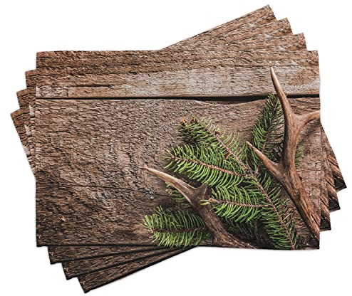 ABAKUHAUS Antler Placemats, Evergreen Branch Deer, for the Kitchen the Dining Room Washable Fabric with Digital Print, Fern Green Umber Brown
