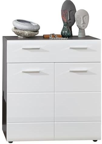 trendteam smart living - Line - Kommode - Rauchsilber/Weiß Hochglanz - Schuhkommode mit Platz für 12 Schuhpaare - (BxHxT) 80 x 87 x 35 cm - chromglänzende Griffe - Kratzfest | B 80 x H 87 x T 35 cm · Vollauszug · Platz für 12 Schuhpaare · 2 Türen, 1 Schublade, 3 Einlegeböden