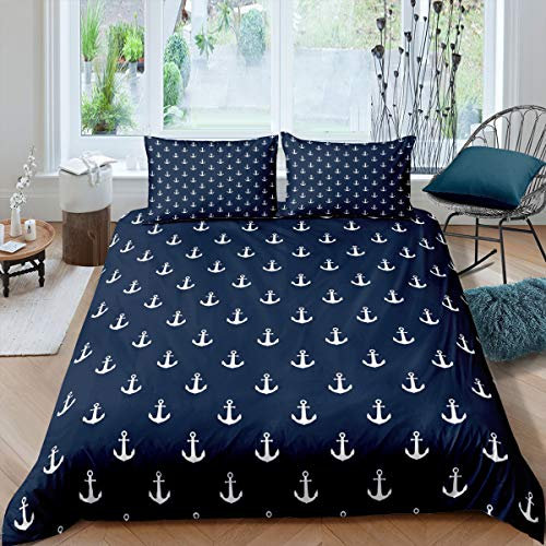 Loussiesd Anchor - Set di biancheria da letto matrimoniale, 3 pezzi, con ancora nautica, con copripiumino, colore blu brillante, con ancora nave, vita marina, copriletti decorativi morbidi e ragazze