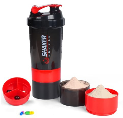 VECH Protein Shaker Bottle,GYM Shaker Cup for Protein Shakes, 16oz Shake Bottle with Ball and Storage Compartment,Leak-Proof,BPA Free (Red)