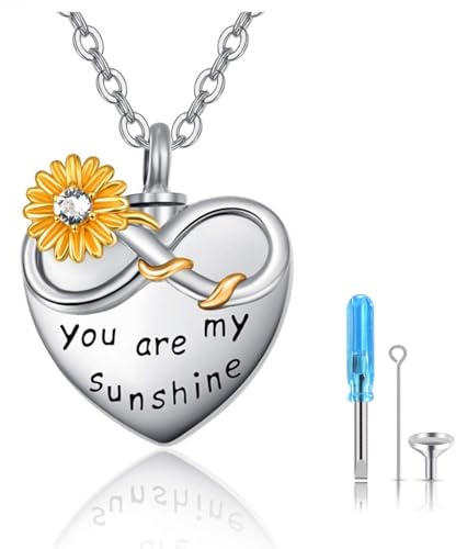 PRAYMOS Sonnenblumenherz Urnenkette für Asche, 925er Sterlingsilber, Du bist mein Sonnenschein, Unendlichkeits-Schmuck, Erinnerungs Medaillon mit Ascheanhänger für Frauen