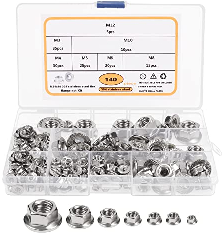 Belle Vous 140 Stück Edelstahl Muttern Set - M3, M4, M5, M6, M8, M10 & M12 Mutter - Sechskant-Sicherungs-Muttern Sortiment mit Aufbewahrungsbox - Gezahnter Flanschsatz für Heimwerker