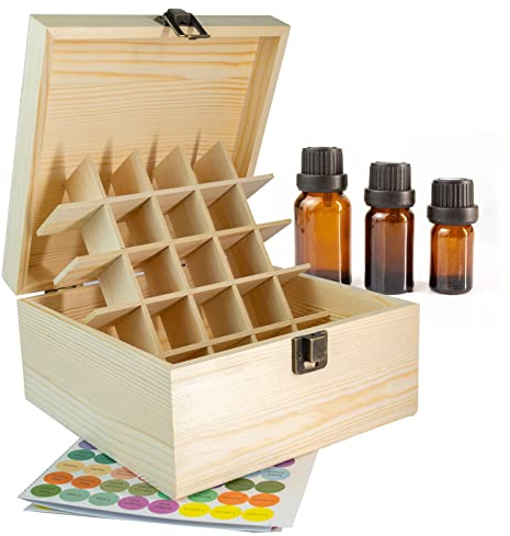 Guolich Aufbewahrungsbox für Ätherische Öle aus Holz Display Organizer 25 Steckplätze Ständerhalter für 15 ml Flaschen Nagellack-Sammlung mit Deckel (25 Slots)