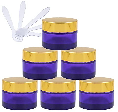 ZEOABSY 6 Stück Leere Lila Glas Cremedose 30ml mit Gold Schraubdeckel, Lilaglas Schraubdose Glas-Tiegel Glas-Dose Salbentiegel Kosmetik-Dose für Gels Cremes + 6X Spatel