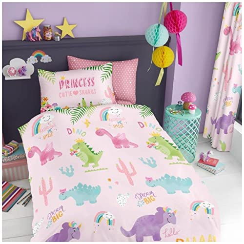 Lions Kids Single Duvet Cover Set, Girls Bedding with Matching Pillowcases, Ultra Soft Reversible Soft Quilt Covers, Dinosaur, Multicolour, 135x200cm