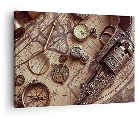 Bilder auf Leinwand Kartographie Vintage Kompass Leinwandbild 70x50cm Wandbilder Dekoration Wohnzimmer Schlafzimmer Küche Deko Klein Wanddeko Bild Wand Kunstdruck Art Wall Decor Canvas AA70x50-4582