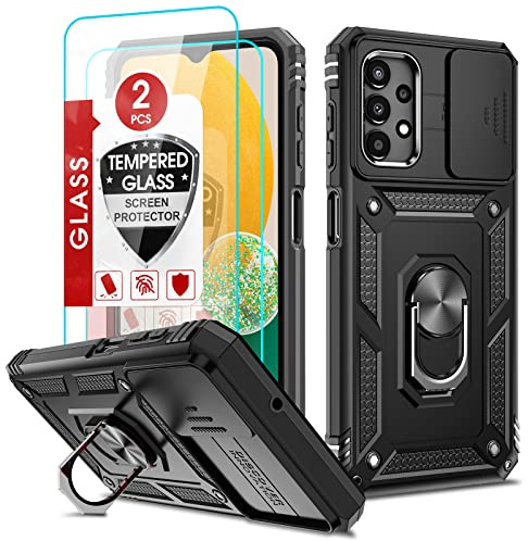 LeYi Cover per Samsung Galaxy A13 4G con 2 Pezzi Pellicola Vetro Temperato,Custodia con Protezione Fotocamera [Slidable] Antiurto Grado Militare 360°Magnetica Anello Supporto Silicone Custodie Nero