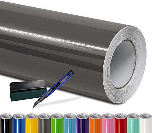 Folindo Autofolie Nardo Grau Glanz (15€/m²) - 100 x 152 cm - Selbstklebende Auto Lackschutzfolie mit Luftkanal Technik – Blasenfreie Auto Folierung inkl. Rakel & Cutter – Car Wrapping Folie