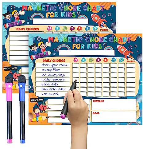 SOL 2pk Magnetic Chore Charts – Reward Board Set for Kids, Family and Adults – Includes 2 Pens – Weekly Fridge Planner for Household Tasks, Routine Management, Behaviour Tracking and Organisation