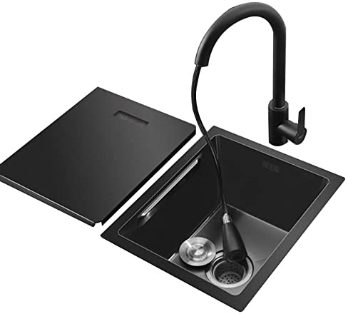 Fregadero De Barra Negro con Tapa Fregadero De Una Cubeta Fregadero De Encastre Fregadero Bajo Encimera Grifo Extraíble Accesorios Completos (S : 45x40x21.5cm)