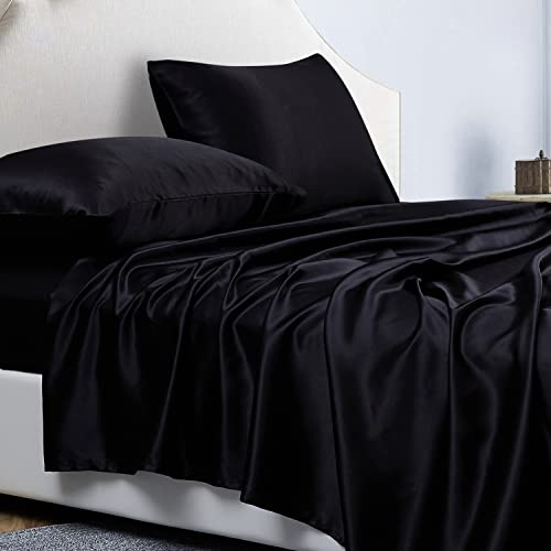Jemiipee Parure de Lit Satin Couleur Unie Drap Housse - 180x200 cm 2 Personnes avec Grand Bonnet de 36 cm - Ensemble 4 Pièces - Drap Housse, Drap Plat et 2 Taie d'oreiller, Noir