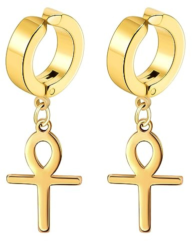 Flongo Creolen Ohrklemme mit Ankh Ägyptischen Kreuz Anhänger gold Ohrringe Ohne Loch edelstahl Baumeln non-piercing ohrklipp ear clips earrings für Damen Herren mädchen