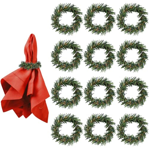 Amaxiu Weihnachts Serviettenringe, Set mit 12 Tannennadeln Serviettenhalter Weihnachts Rattan Serviettenkranz Feiertags Esstischdekorationen für Weihnachtsparty Zubehör (B)