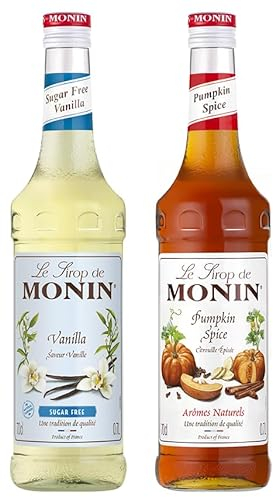 MONIN - Assortiment Vanille Sans Sucre MONIN + Sirop de Citrouille Saveur Epicée - Pour Café, Chocolat Chaud, Capuccino ou Latte - Arômes Naturels - Bouteille en Verre - 2 x 70 cl