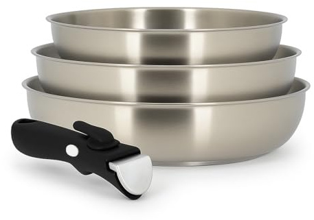 MENASTYL - Lot de 3 poêles inox 18/10 amovibles Iris Inox sans PFAS - Tous feux dont induction, four, réfrigérateur et lave-vaisselle - Empilables et résistantes - Poignée double sécurité