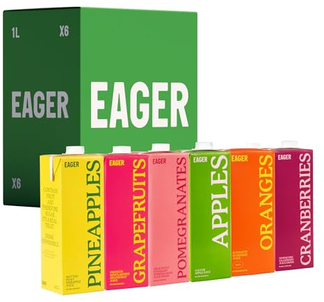 Eager Fruit Juice Mixed Pack, 6 x 1 Litre Cartons | Variety Pack including Apple, Orange, Pomegranate, Cranberry, Grapefruit & Pineapple, Enjoy Chilled