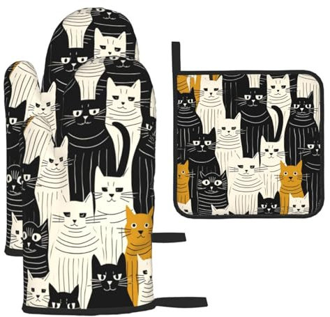 Ofenhandschuhe und Topflappen, Vintage-Katzen, Tiermotiv, hitzebeständige Ofenhandschuhe zum Kochen, Backen, Küche, Grillen