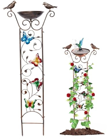 NASSMOSSE Vogeltränke mit Gartengitter,2-in-1-Vogelwasserspender aus Metall mit dekorativem Schmetterling,Abnehmbarer,stehender Vogelwasserspender,Retro-Standvogelfutterspender für Gartendekoration