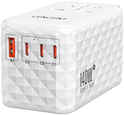 LENCENT 140 W universell reseadapter, GaN med 1 USB-A och 3 Type-C, snabbladdare för telefoner och bärbara datorer, kontaktadapter för USA/UK/EU/AUS, vit