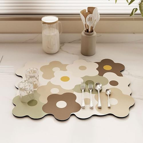Odot Tappetino Scolapiatti, Tappetino Scolapiatti Assorbente Tappetino Assorbente Cucina Asciugatura Rapida Tappetino Macchina Caffe Antiscivolo Motivi Floreali Colorati (30x40cm,Marrone)
