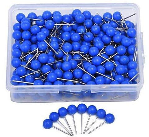 Hrlace 300 Stück Reißnägel für Karten Buntkopf Pushpins Kartennadel Plastik Kopf mit Stahl Punkt Card Pins Rundkopf Pinnadeln für Weltkarte Cork Board Stoffmarkierung Mit Aufbewahrungsbox Blau