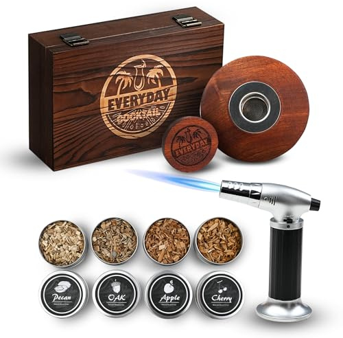 EVERYDAY COCKTAIL® | Whiskey Smoker Kit with Torch – Old Fashioned Smoker Kit with 4 Flavors Wood Chips – Deluxe Whisky Smoker Kit Gifts for Him Men Dad Gifts – Elegant Wooden Box Bourbon Smoker Kit