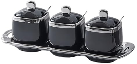 Dowbom Lot de 3 sucriers avec couvercle et cuillère - 350 ml - Noir