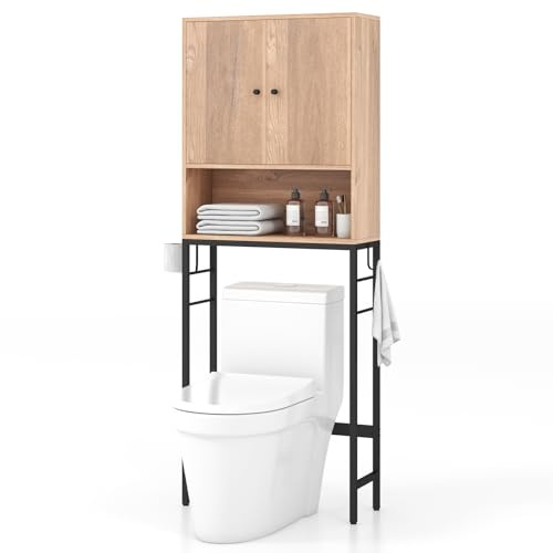 RELAX4LIFE Mobile Bagno sopra WC/Lavatrice, Scaffale Bagno in Legno con 2 Porte e Mensola Aoerta, Mobiletto Bagno Portaoggetti Salvaspazio, 63 x 23 x 165,5cm (Naturale)