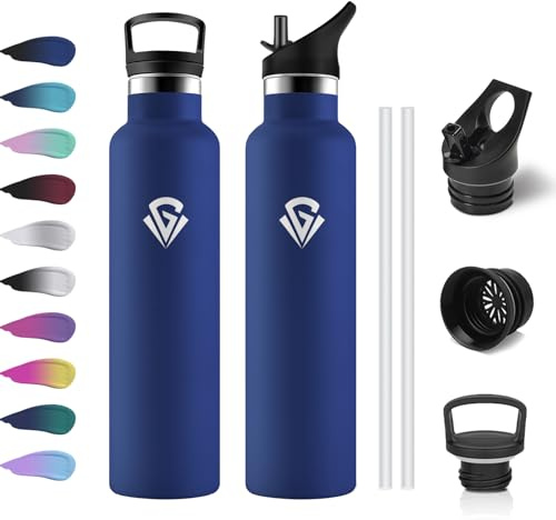 Trinkflasche Edelstahl 1 Liter, BPA-Frei, Thermosflasche mit Strohhalm, Thermoskanne Auslaufsicher, Einhandöffnung, Kohlensäure Geeignet, Wasserflasche für Kinder, Sprudel, Camping, Sprudel, Yoga