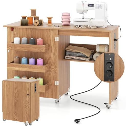 RELAX4LIFE Table de Couture Pliante avec Station de Charge, 2 Prises-Port USB-Type C, 3 Compartiments, 5 roulettes, Meuble Machine à Coudre pour Aiguilles, Fils et Ciseaux (Brun)