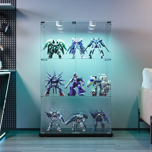 Glasvitrine, Vertikaler Sammlungsschrank mit LED, Mit 2 Türen und Sicherheitsschloss, 3-Schicht-Design, Staubdicht und leicht zu reinigen, Geeignet für Wohnzimmer, Schlafzimmer, Büro (Schwarz)