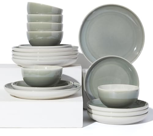 Pokini Stoneware Dinnerware Sets for 6, Microwave Safe Plate and Bowl Set, Easy to Clean & Durable Dishes Sets for Small to Medium Families, Gray Green
