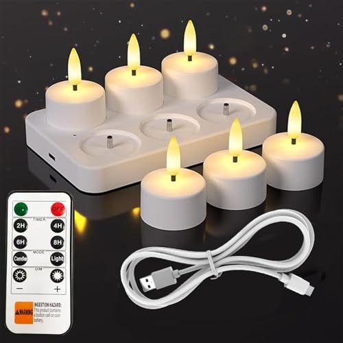 MeYuxg Led Teelichter mit Timer, 6 Stück Wiederaufladbare Teelichter, LED Kerzen Flackernd für Zimmer Wohnzimmer Halloween Weihnachten Tisch Party Deko