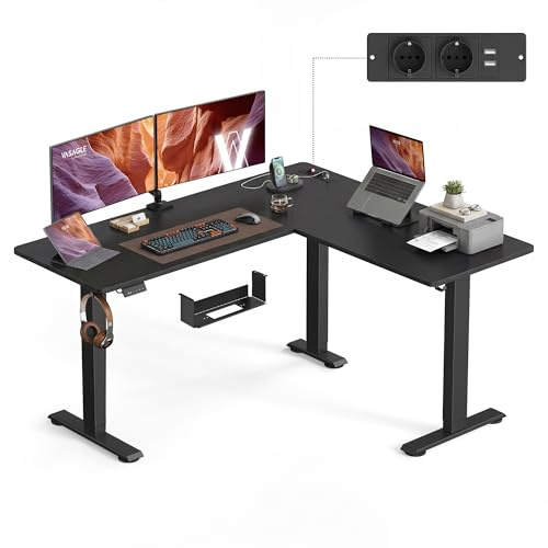 VASAGLE Höjdjusterbart skrivbord, 160 x 140 cm, L-format hörnskrivbord, ståbord, 2 AC-uttag, 2 USB-A-portar, hylla för grenuttag, för kontor, bläcksvart LSD264BZ01