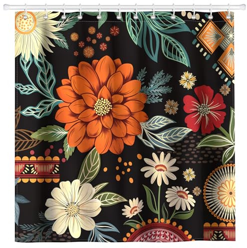 Arquiel Duschvorhang Große Boho Blumen Waschbar 182X182 cm Polyester Badezimmervorhang Dekor für Bad Dusche Badezimmer Mit 12 Ösen und Ringen