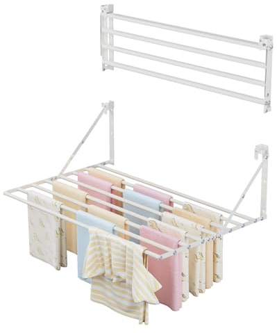 Innotic Wäscheständer Wandmontage Klappbar Platzsparend, 80 cm | Wasserdicht Wäschetrockner Wand Outdoor 8 Stangen Groß Raum, 16 kg Traglast,für Außen Bad Balkon Waschraum, Weiß