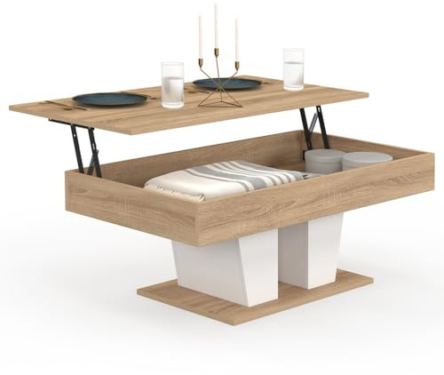 IDMarket - Mesa auxiliar rectangular elevable en madera y blanco ELIAD