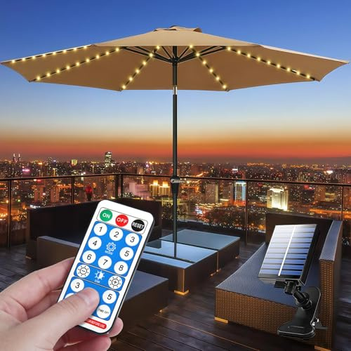 Solar Sonnenschirm Lichterkette,Sonnenschirm Beleuchtung mit Fernbedienung,Sonnenschirmlichterkette,8 Modus,104 LEDs,Umbrella Lights,IP67 Wasserdichte Gartenleuchten,Baldachin Dekorative Strip Lichter