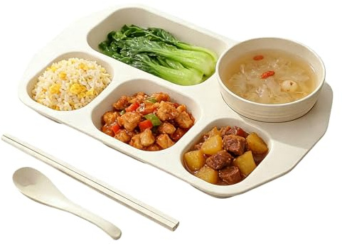 qokeeu Platos Divisorios - Vajilla De Hogar Con 5 Compartimentos,Bandeja con Divisores - para Comidas en Casa Oficina Escuela Guarderia Restaurante Niños Jóvenes y Adultos