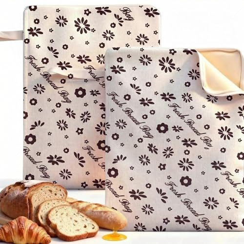 2 Pack Extra Large Beeswax Bread Bags with Zip Closure – Reusable Cotton Linen Bread Storage Bags with Natural Beeswax Lining for Sourdough & Artisan Loaves (zipper flower)